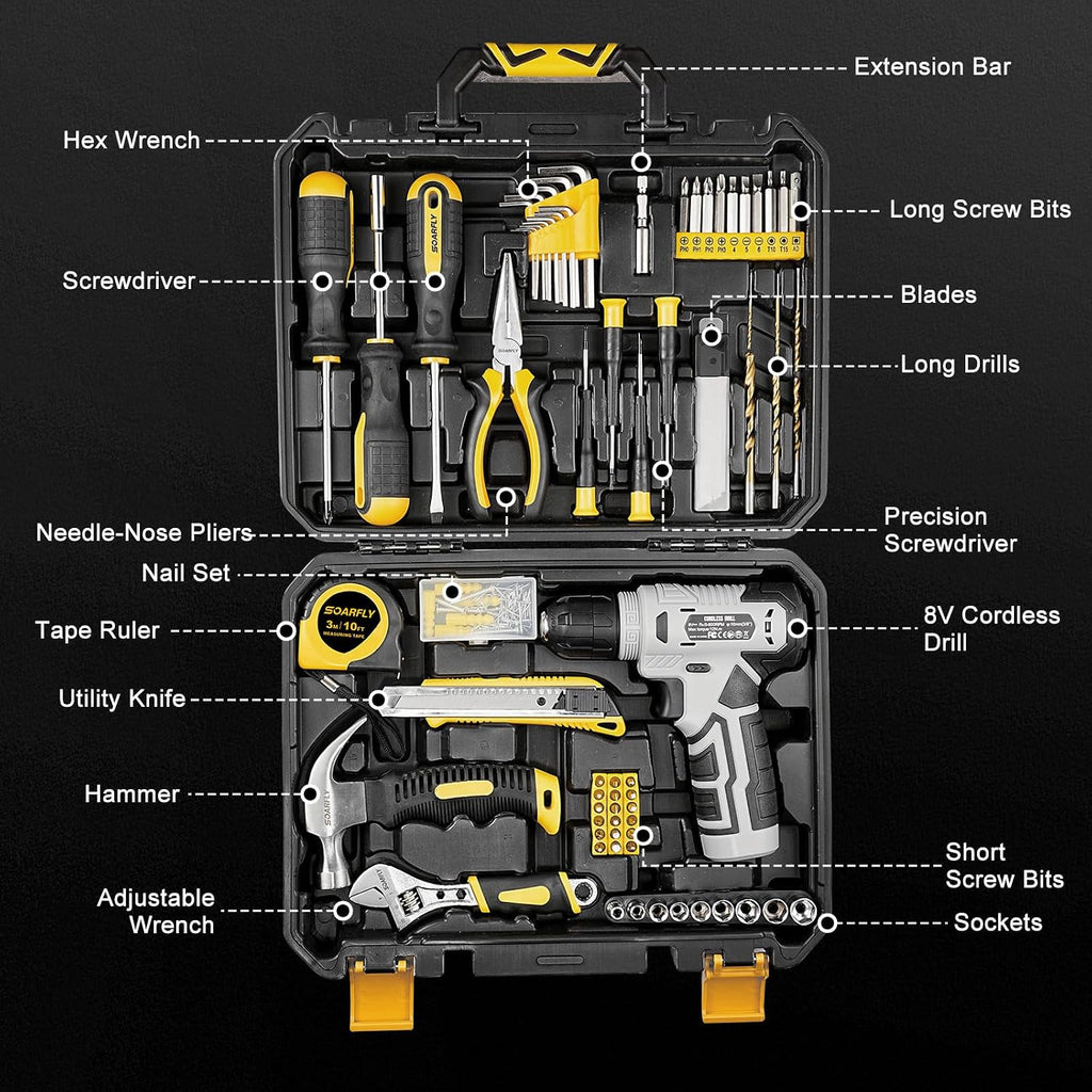 157-Piece Tool Set, 8V Cordless Drill Set, Hand Tool Kit for Men and Women