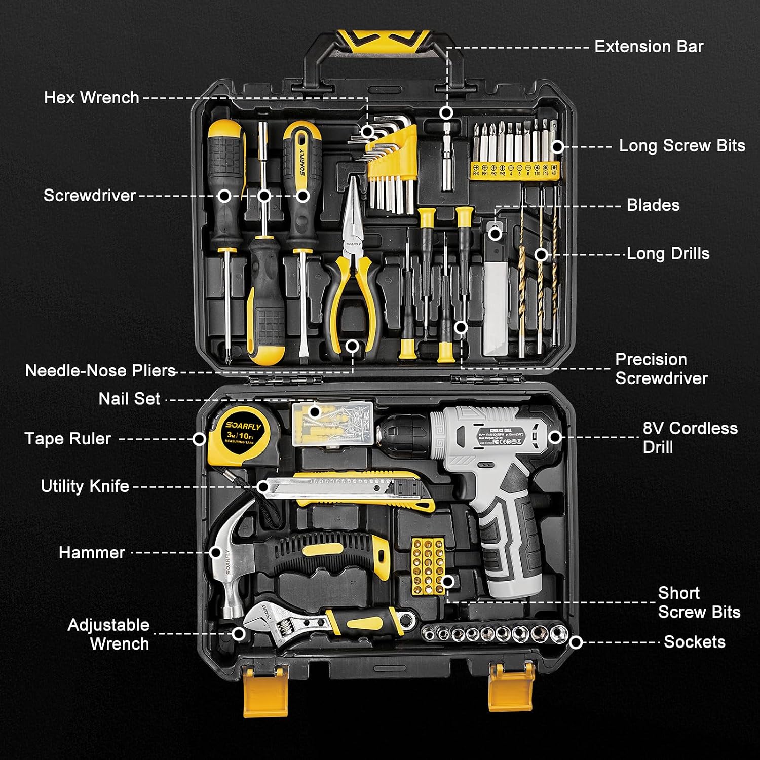 157-Piece Tool Set, 8V Cordless Drill Set, Hand Tool Kit for Men and Women
