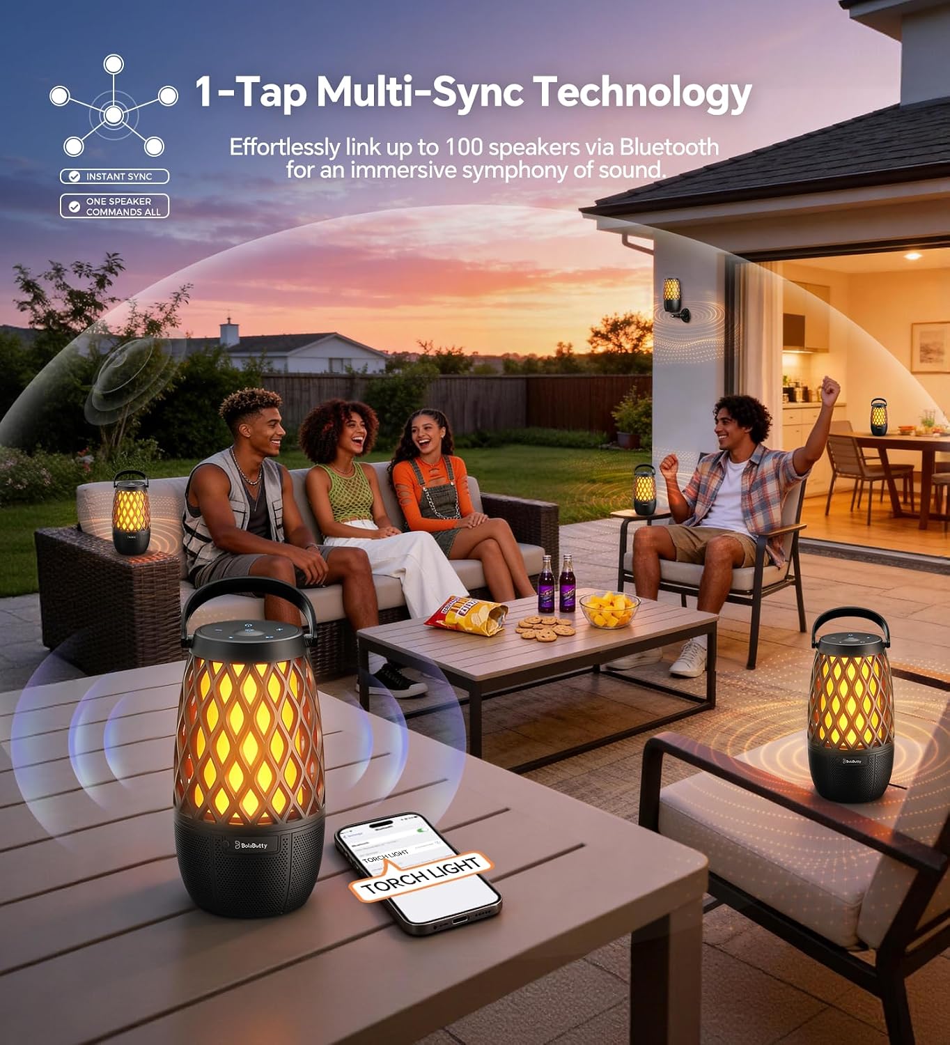 Outdoor Speakers with Ligths Gifts for Men Multi-Sync up to 100 Speakers | IPX5 Waterproof, HD Stereo Sound, Auto-Pairing, House Warming Gifts, Lanterns for Camp|Patio|Pool|Yard, Cool Stuff