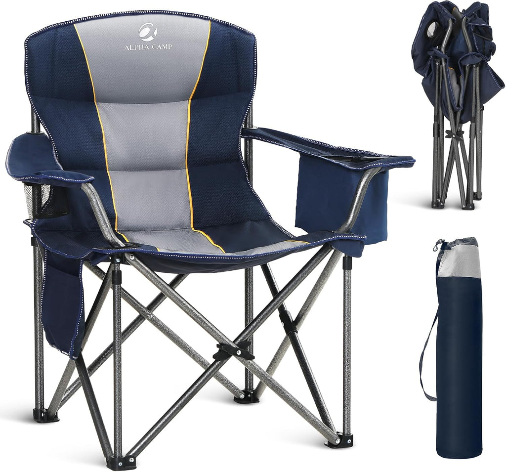 ALPHA CAMP Oversized Folding Camping Chair, Heavy Duty Portable Lawn Chairs with Cooler Bag, Side Pocket & Cup Holder, Folding Chairs for Outside Support 450 LBS