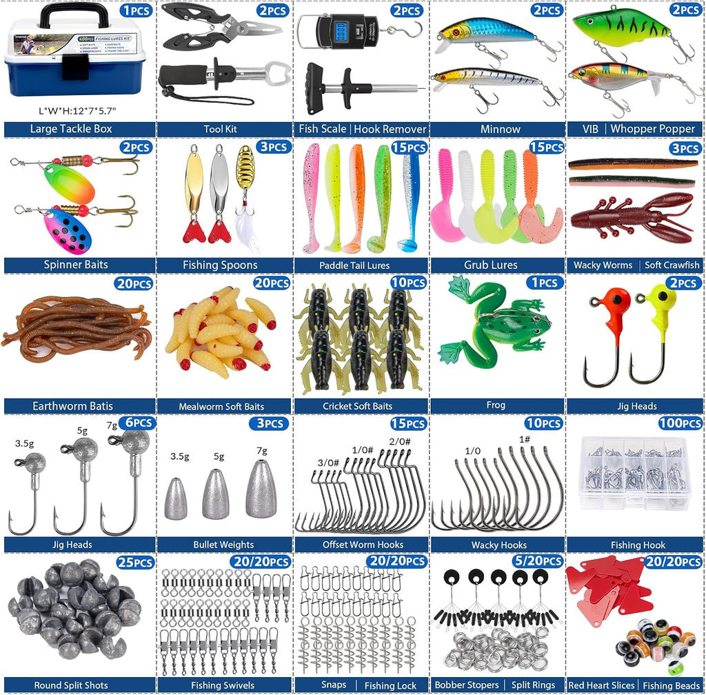 THKFISH 400PCS Fishing Lures Accessories Kit with Large 3-Layer Tackle Box Complete Freshwater Bass Fishing Gear Tools Set with Pliers, Fish Scale, Crankbait, Hooks, Weights Gift for Men