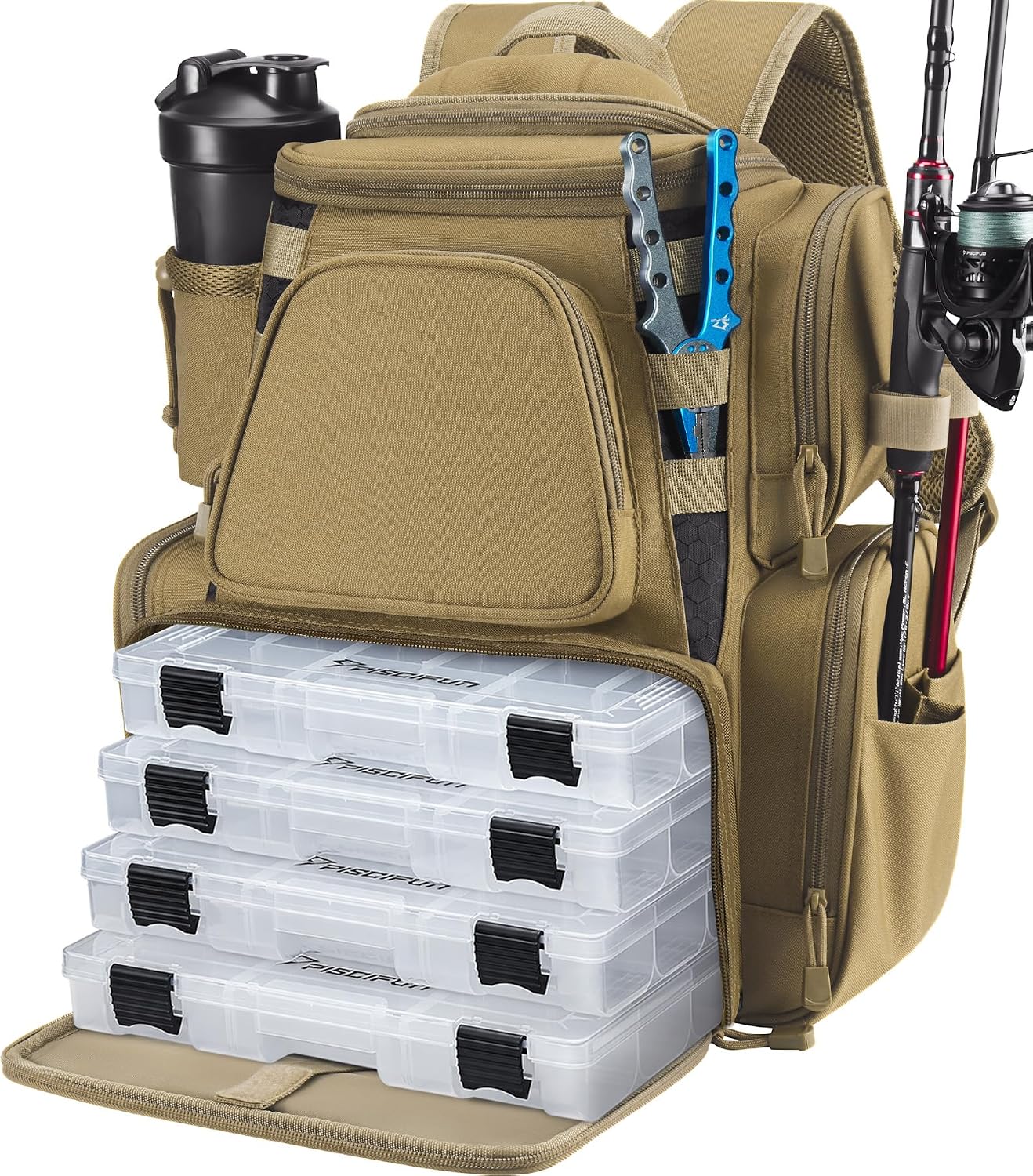 Piscifun Fishing Tackle Backpack with 2 Rod Holders, 4 Boxes & Rain Cover