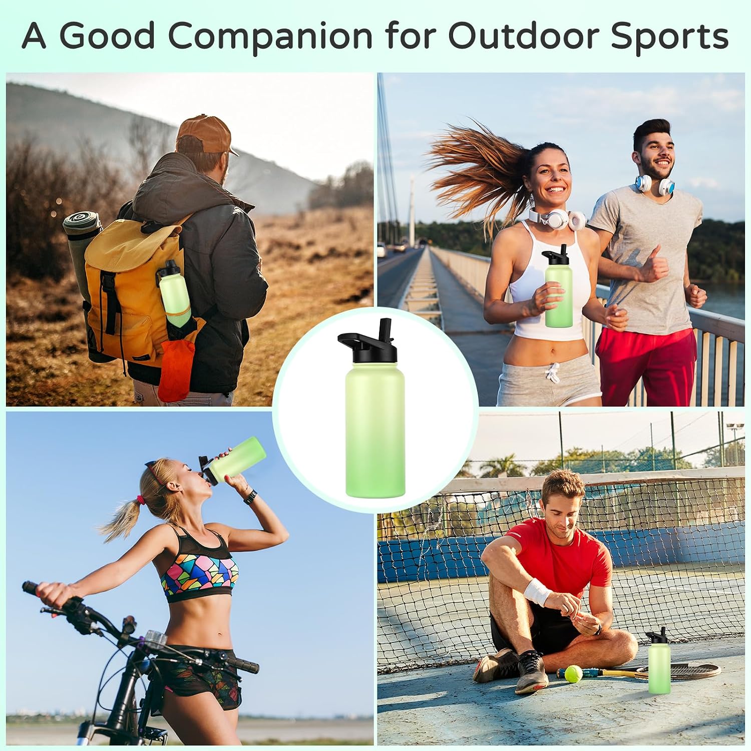 DOMICARE 32 oz Insulated Water Bottle, Vacuum Insulated Stainless Steel Sports Water Bottle with Straw Lid & Spout Lid, Leakproof, Reusable - Travel, Camping, Bike, Green Gradient