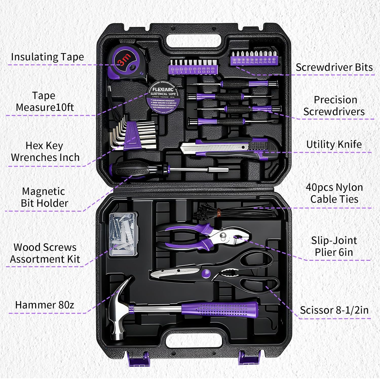 General Household Tool Set - Purple Hand Tool Kit with Waist Pouch & Gloves, Tool Kit for Women Everyday Home Repairs, DIY and Crafts, 112 pcs