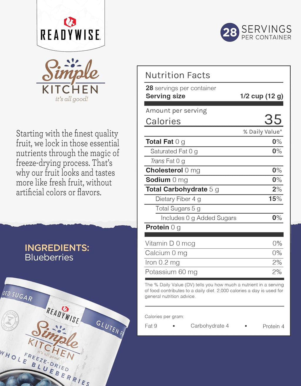 SIMPLE KITCHEN Camping and Outdoors, Freeze Dried Blueberries 28 Servings