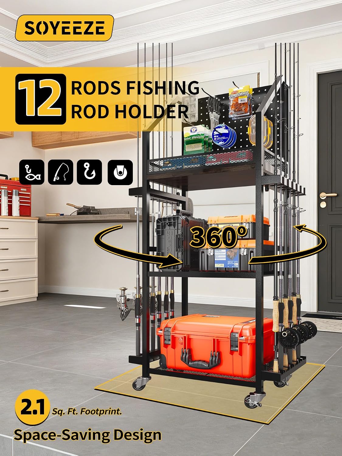 SOYEEZE Fishing Rod Holders for Garage, Fishing Pole Holders Up to 12 Rods with Pegboard and Hooks,Rolling Fishing Cart with Wheels, Fishing Gear Storage For Tackle Box & Reel Organization- 10 Hooks