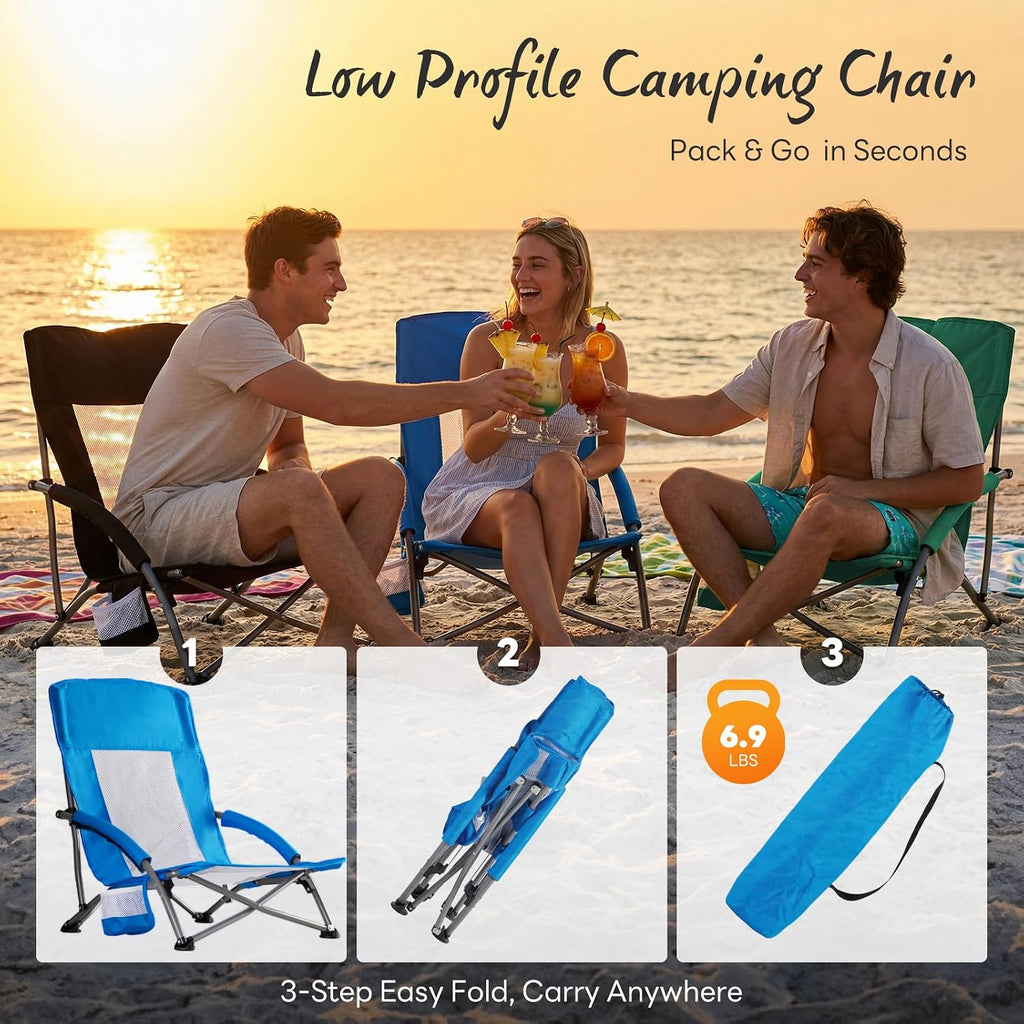 NEWBULIG Low Beach Chair – Folding Camping Chair for Adults, Low Profile Lawn Chair with Cup Holders & Carry Bag, Extra Wide Seat and High Back, Portable for Beach, Outdoors, Travel & Concerts, Blue