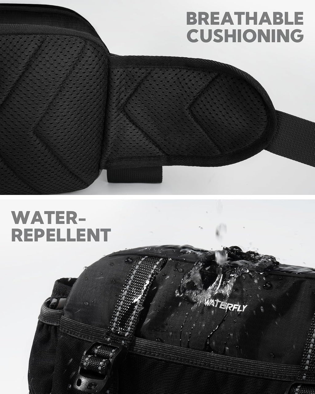 WATERFLY Large Hiking Fanny Pack: 3L Waist Bag with 2 Bottle Holders for Women Men - 9 Pockets & Adjustable Belt Lumbar Hip Packs for Travel Running Cycling Camping Workout (Bottles Not Included)