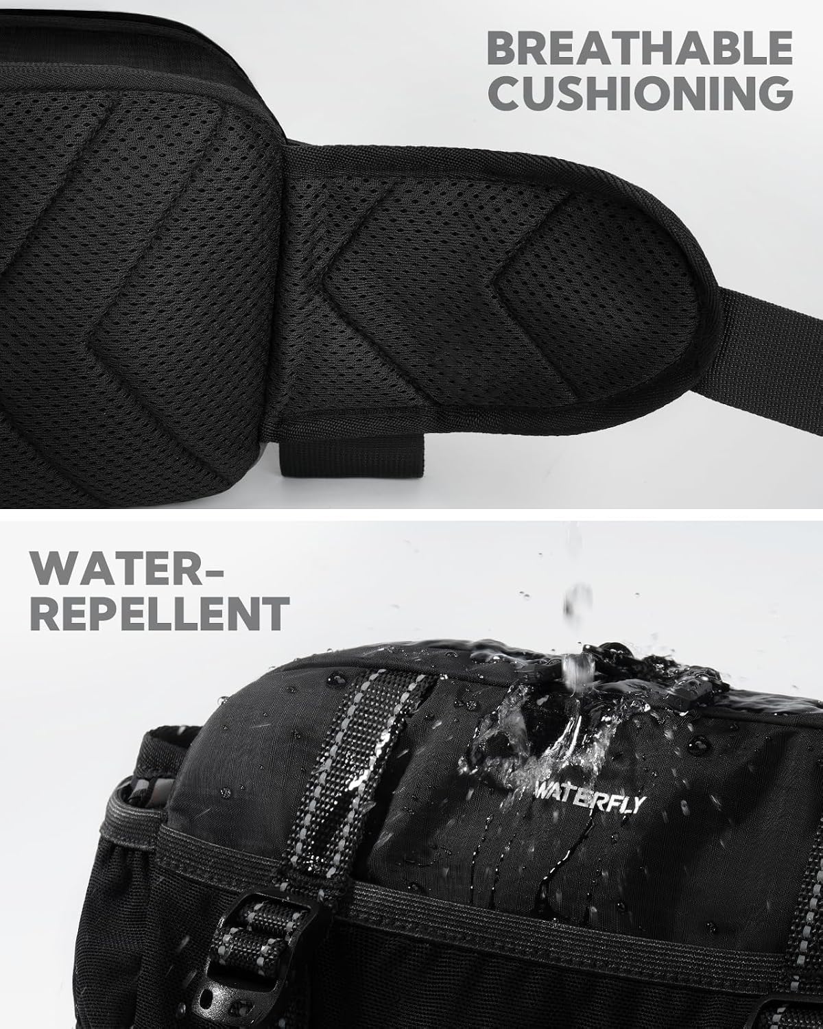 WATERFLY Large Hiking Fanny Pack: 3L Waist Bag with 2 Bottle Holders for Women Men - 9 Pockets & Adjustable Belt Lumbar Hip Packs for Travel Running Cycling Camping Workout (Bottles Not Included)