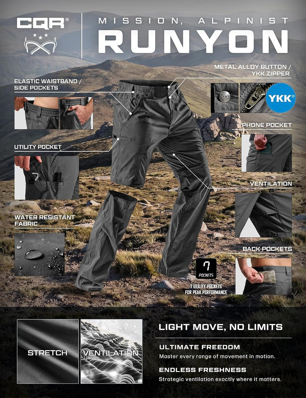 CQR Men's Convertible Cargo Tactical Pants, Water Resistant Outdoor Hiking Pants, Zip Off Lightweight Stretch Work Pants