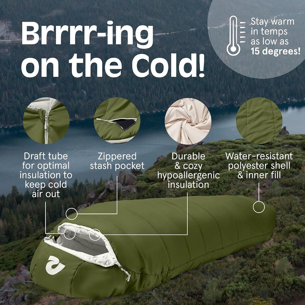 Retrospec Dream Mummy Sleeping Bag - 5, 15, & 30°F Cold Weather Camping & Travel Essential Gear with Water - Resistant Shell & Synthetic Fill - Zippered Pocket & Stuff Sack