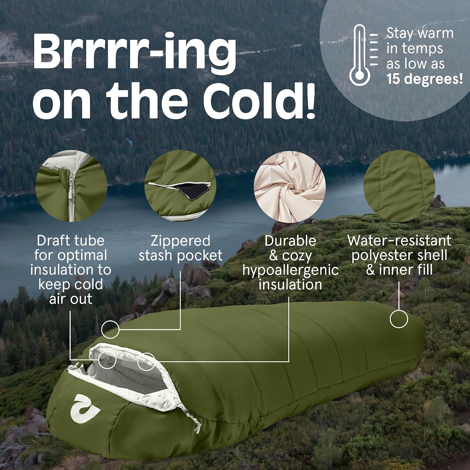Retrospec Dream Mummy Sleeping Bag - 5, 15, & 30°F Cold Weather Camping & Travel Essential Gear with Water - Resistant Shell & Synthetic Fill - Zippered Pocket & Stuff Sack