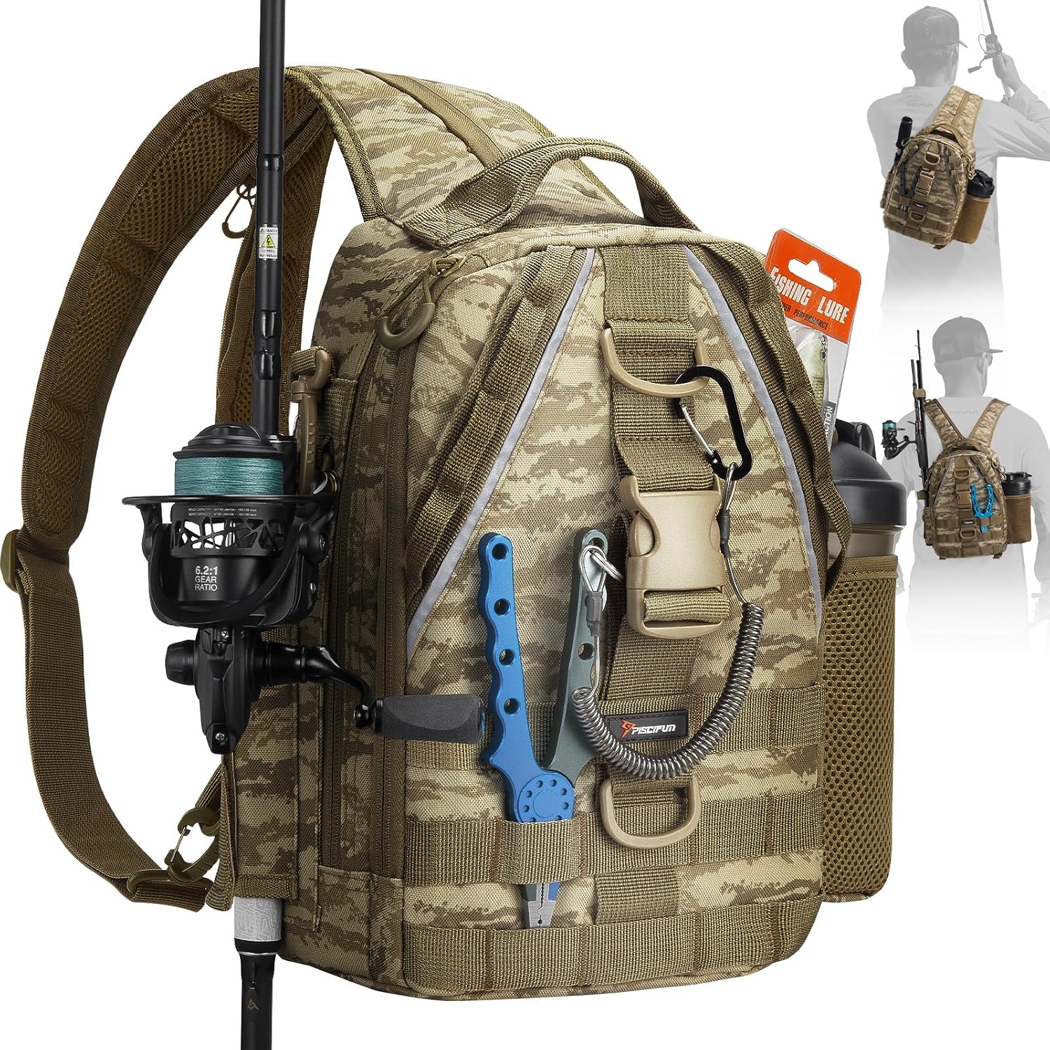 Piscifun Fishing Backpack, Rod Holders, Lightweight Sling Bag, Khaki Camo