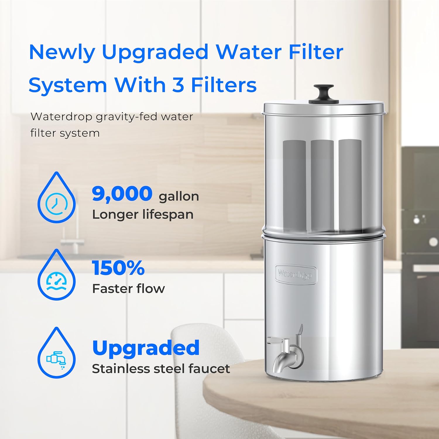 Waterdrop TK-AE Gravity Water Filter System, with 3 Black Carbon Filters