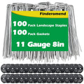 100 Pack Landscape Staples and 100 Pack Gaskets,8" 11 Gauge Galvanized Steel Garden Staples with Black Pads,Landscape Pins Turf Staples for Securing Weed Barrier Fabric Artificial Grass