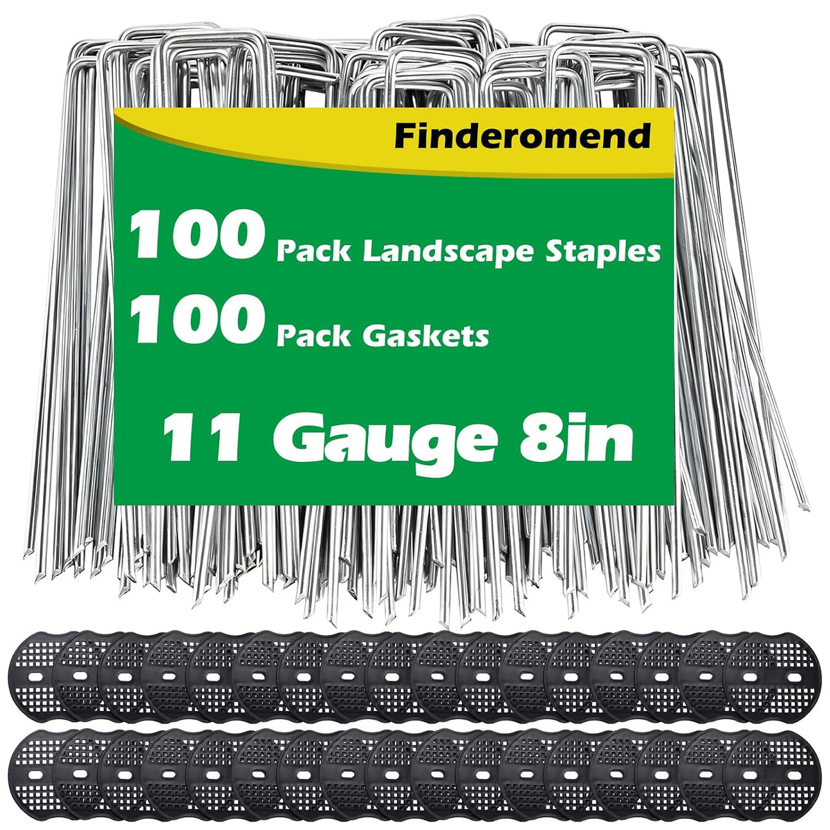 100 Pack Landscape Staples and 100 Pack Gaskets,8" 11 Gauge Galvanized Steel Garden Staples with Black Pads,Landscape Pins Turf Staples for Securing Weed Barrier Fabric Artificial Grass