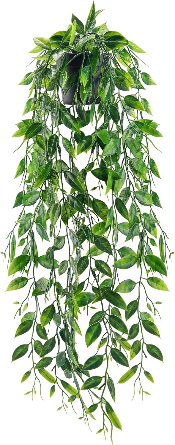 Der Rose 2Pcs Fake Hanging Plants with Black Pot for Bathroom Shelf Decor | Boho cascading eucalyptus and mandala vine creates a modern natural accent, adding depth to office, bookcase, bedroom decor