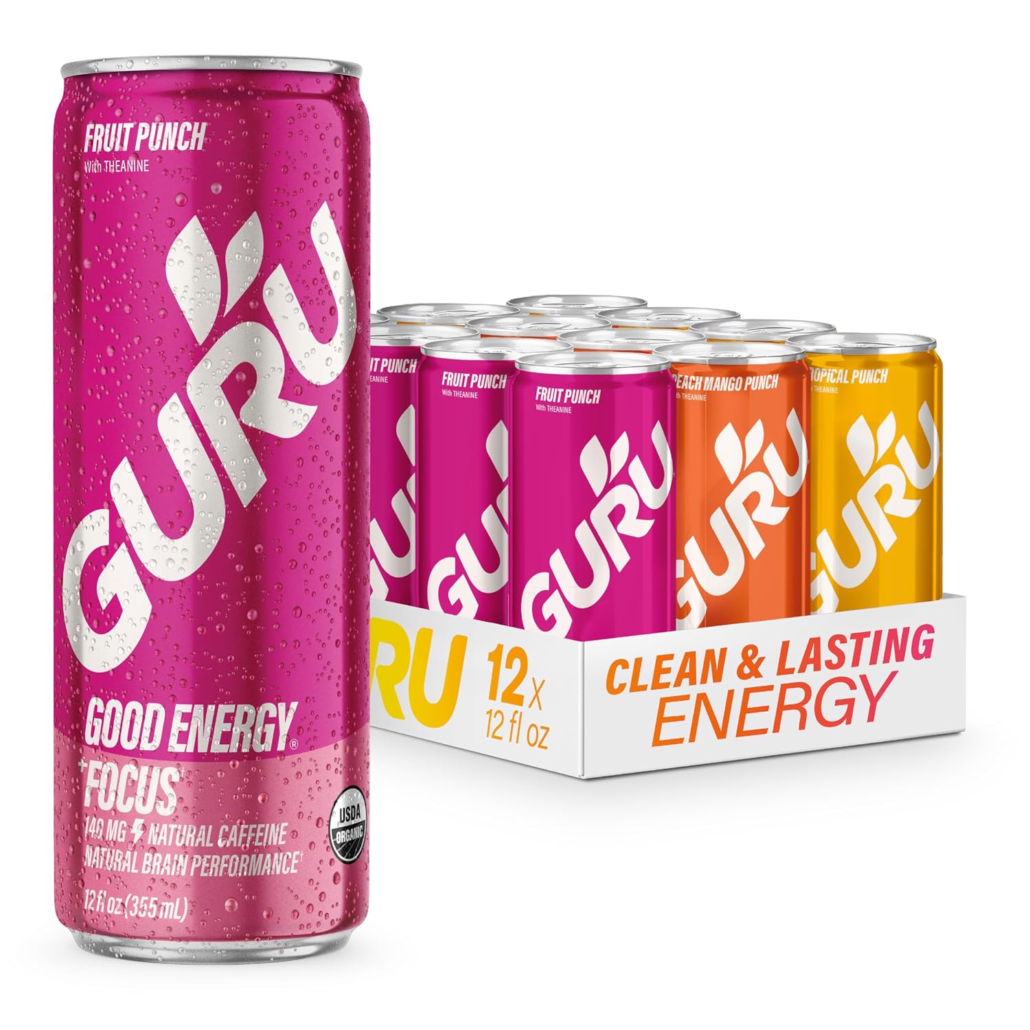 GURU Organic Energy Drink, Punch Variety Pack, 12 Fl Oz, 12 Pack