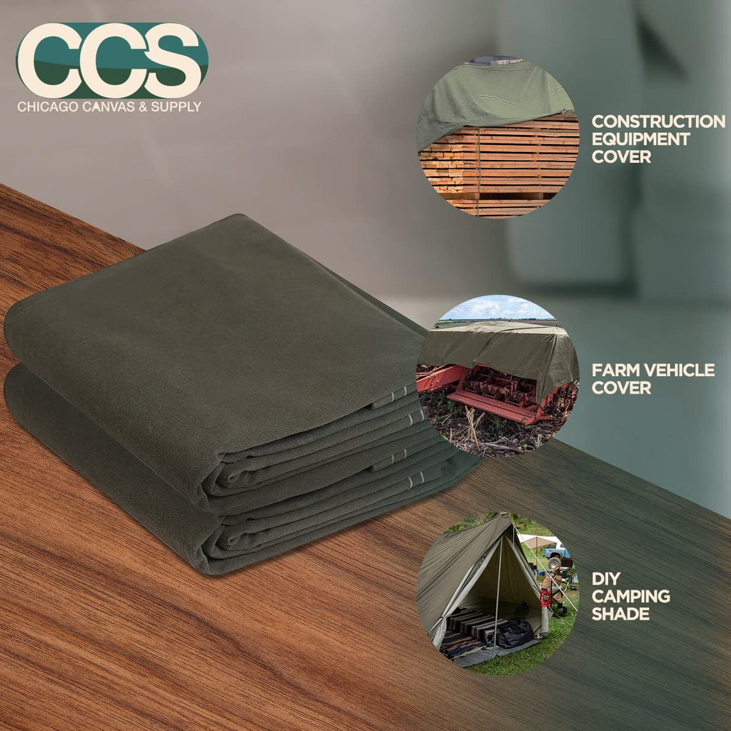 CCS Waterproof Canvas Tarp Cover (21oz) – Heavy Duty Duck Cloth, Waxed Canvas Tarpaulin with Rustproof Brass Grommets for Camping, Construction, Equipment & Outdoor Use (Olive Drab, 12x14 Ft)