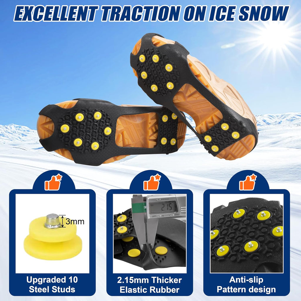 Ice Cleats for Shoes and Boots Ice Snow Grippers Anti-Slip Crampons 10 Studs Traction Cleat for Women Men Kids Hiking Fishing Walking Running Jogging