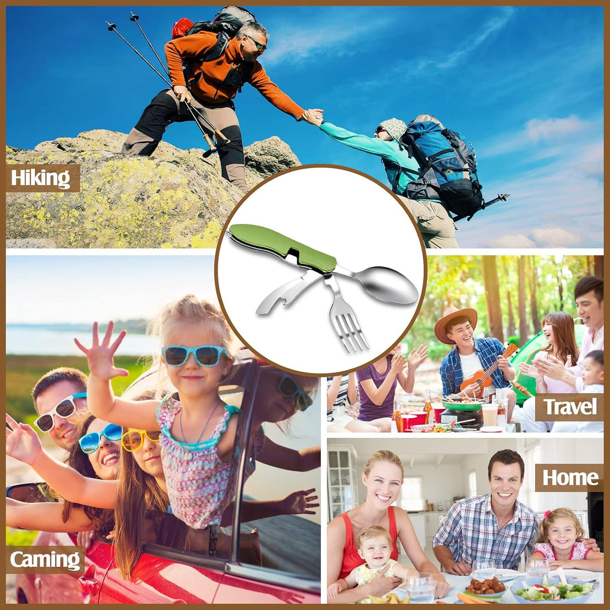 4-in-1 Camping Utensil Set, Steel Fork Spoon Knife, 5 Pcs