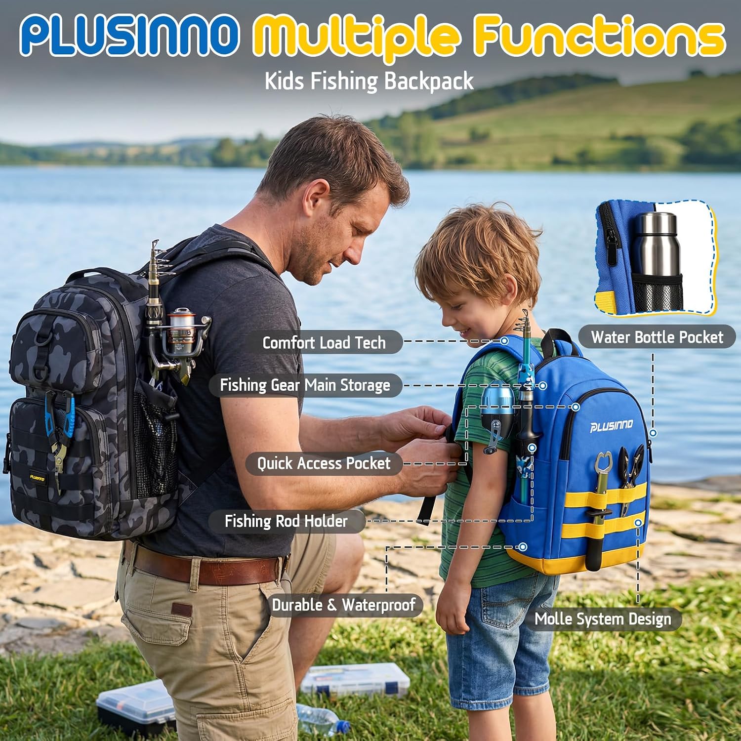 PLUSINNO Kids Fishing Pole, Telescopic Fishing Rod and Reel Combo, Fishing Gear Kit with Backpack, Tackle Box, Spincast Reel, Youth Toddler Fishing Poles for Boys Girls Age 3-5 5-10