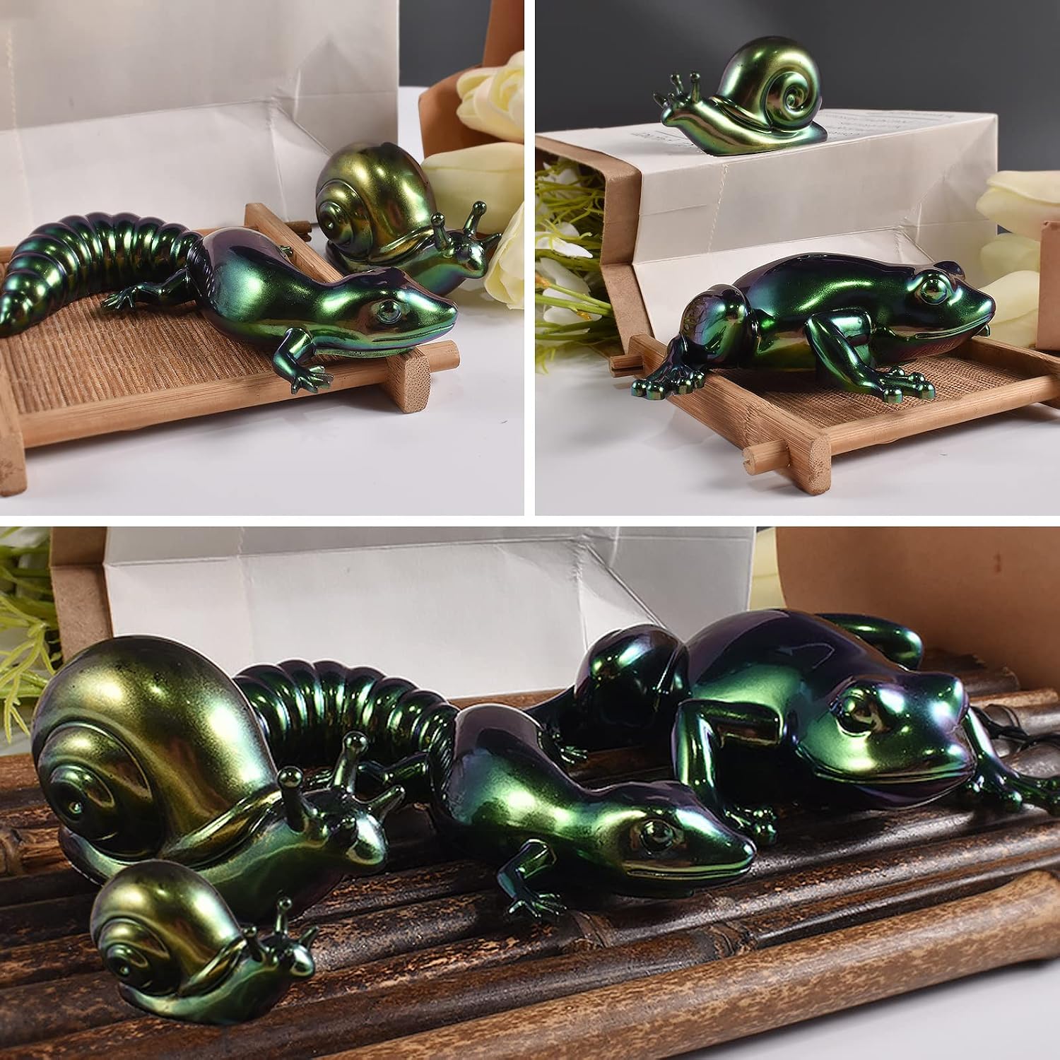 4Pcs Animal Resin Molds, 3D Lifelike Lizard Frog Snail Shapes Silicone Moulds for Resina Casting,Animal Ornament Mold for Epoxy Resin, DIY Keychains Pendants,Wall Desktop, Cabinets Decor