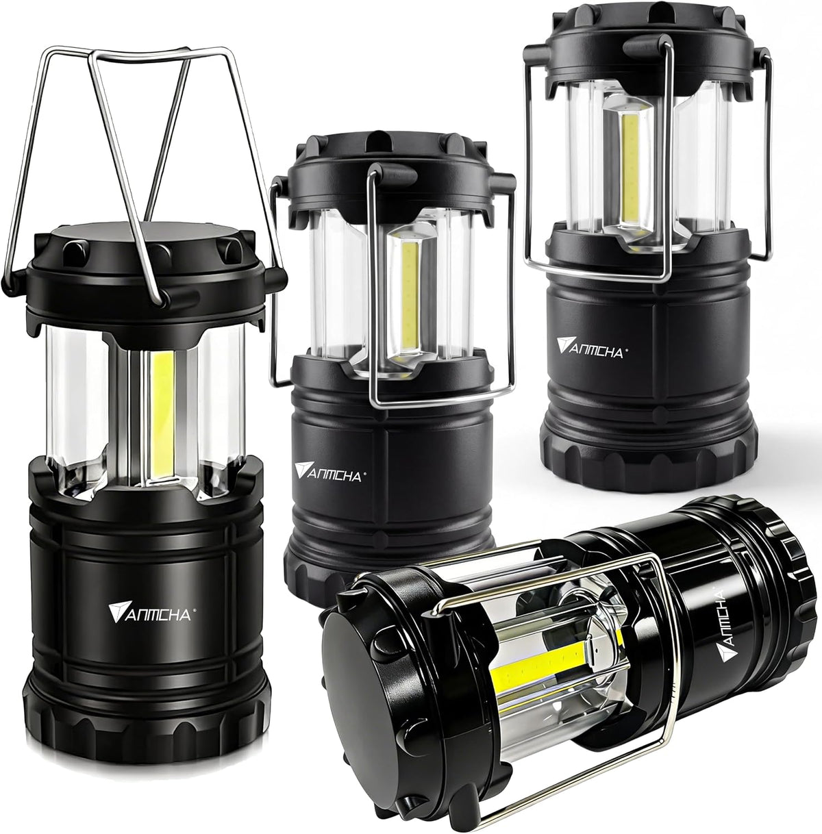 Collapsible LED Camping Lantern, COB Technology, Portable with Handle, Pack of 4, Gray