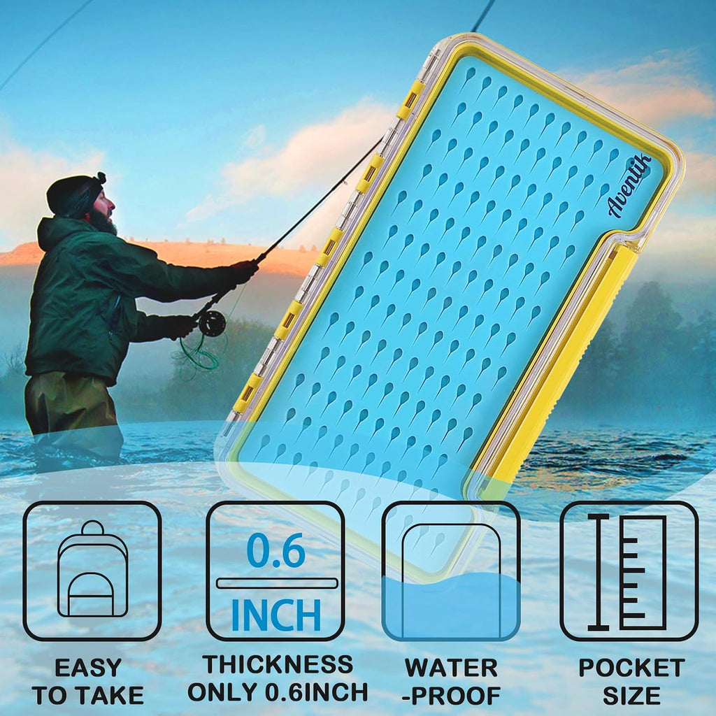 Aventik Silicone Fly Boxes Super Slim Waterproof Best Pocket Sizes Fly Fishing Storage 7.36"X4.02"X0.63"/5.39"X3.74" X0.63'' (2PC-G048LT blue silicone:7.36"X4.02"X0.63")