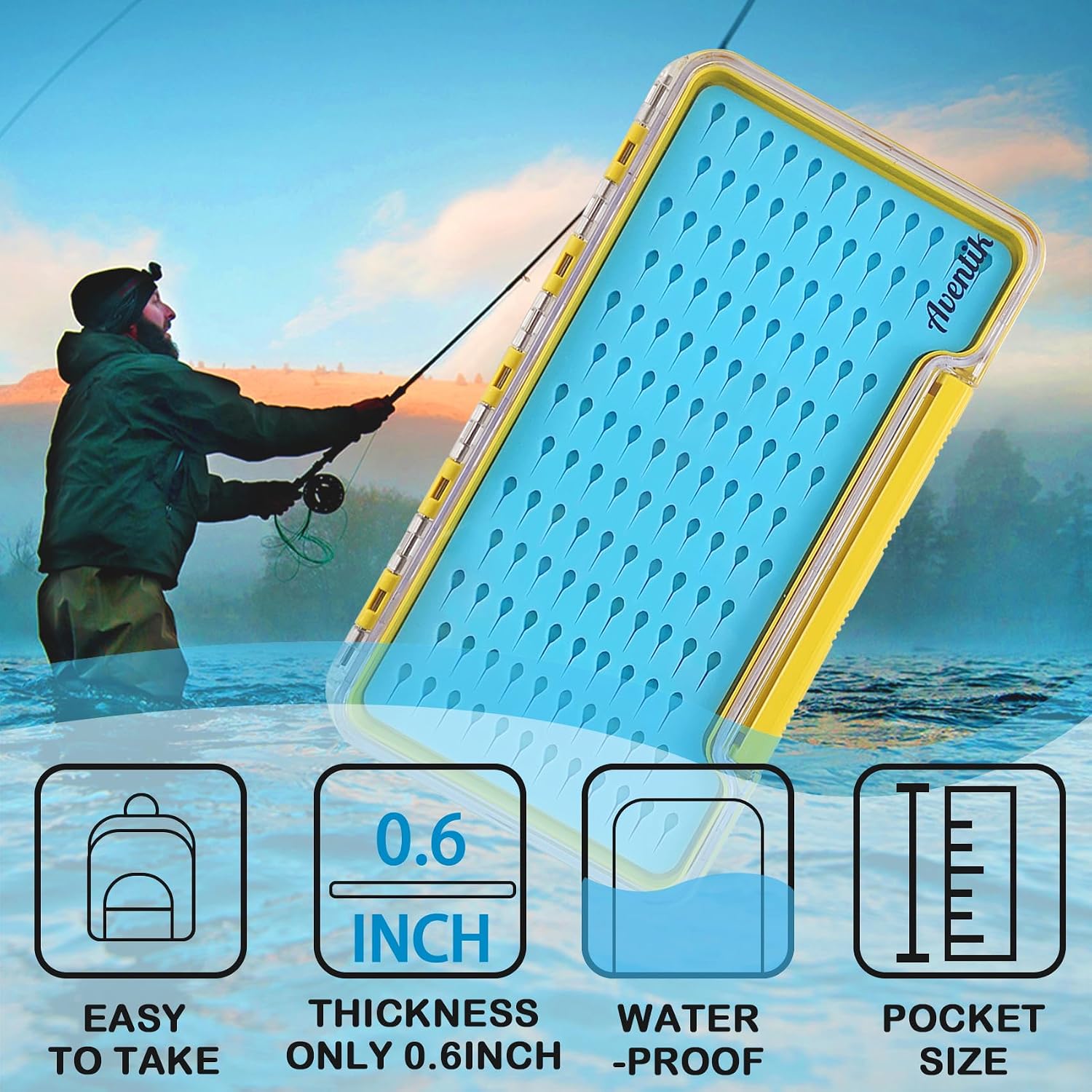 Aventik Silicone Fly Boxes Super Slim Waterproof Best Pocket Sizes Fly Fishing Storage 7.36"X4.02"X0.63"/5.39"X3.74" X0.63'' (2PC-G048LT blue silicone:7.36"X4.02"X0.63")