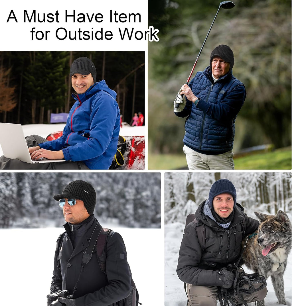 Wmcaps Winter Beanie with Brim & Ear Flaps, Fleece Lined Hat for Men Women