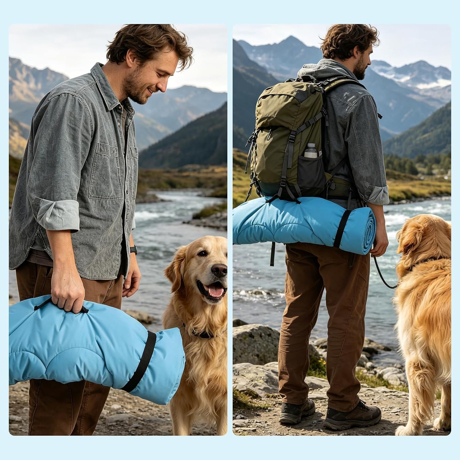 EXPAWLORER Outdoor Travel Dog Bed, Portable Waterproof Reversible Camping Durable Dog Pad, Easy to Roll Up with Buckle Large Washable Pet Mat for Medium Large Dogs Puppy Cats Sleeping Outside 35"x51"