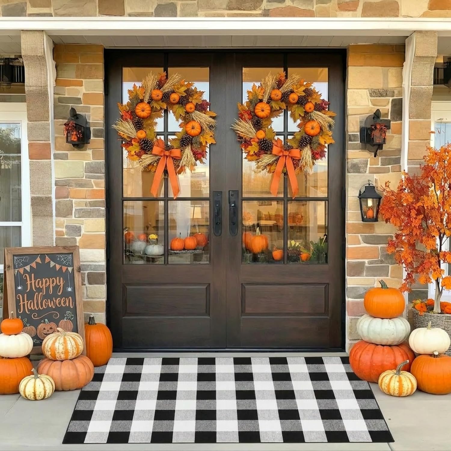 MUBIN Fall Decor Cotton Buffalo Plaid Rug, 3' x 5' Black and White Outdoor Rug Front Door Decorative Mat, Washable Doormat Foldable Area Rug Layered Door Mats Rug for Front Porch, Entryway, Patio