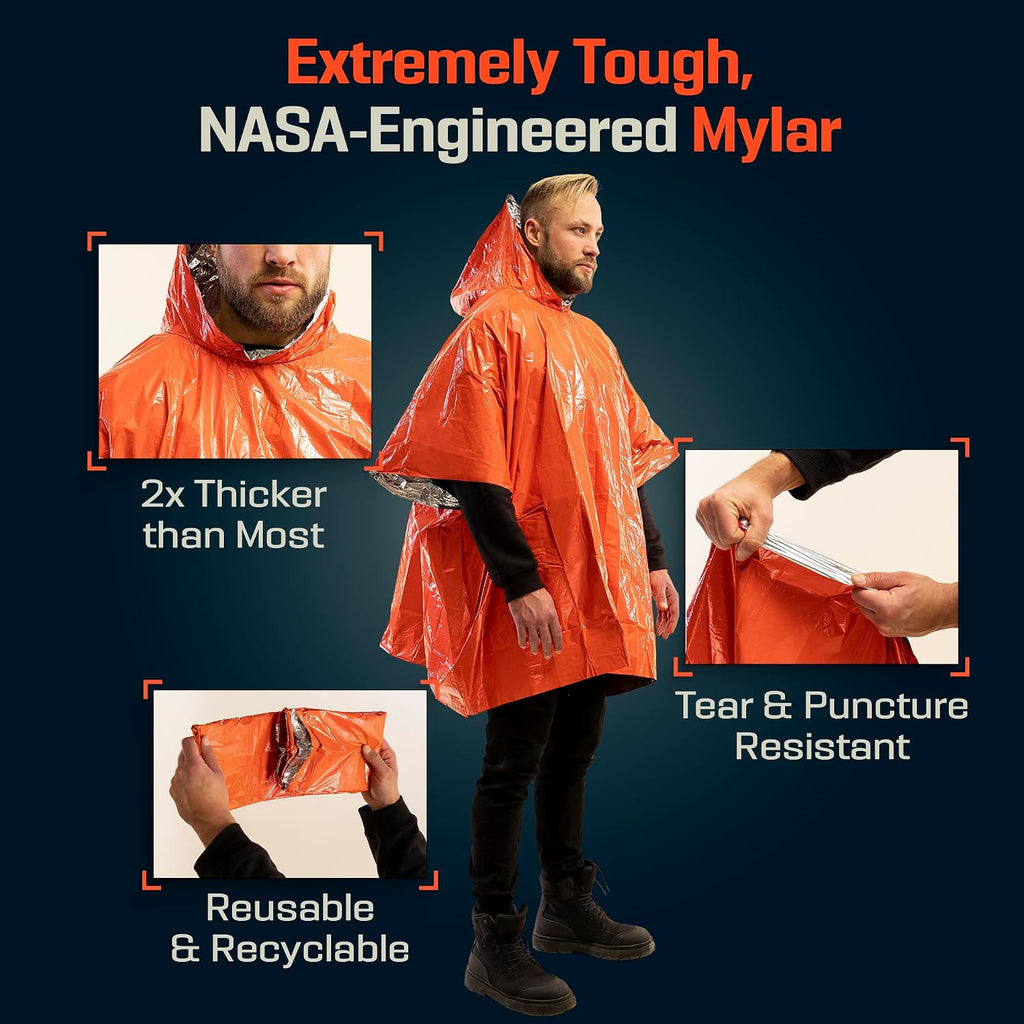 PREPARED4X Emergency Mylar Poncho – Survival Rain Poncho with Hood – Lightweight, Compact, Reusable Emergency Blanket Poncho for Hiking, Camping, Thermal Gear, Car Kit, Outdoors