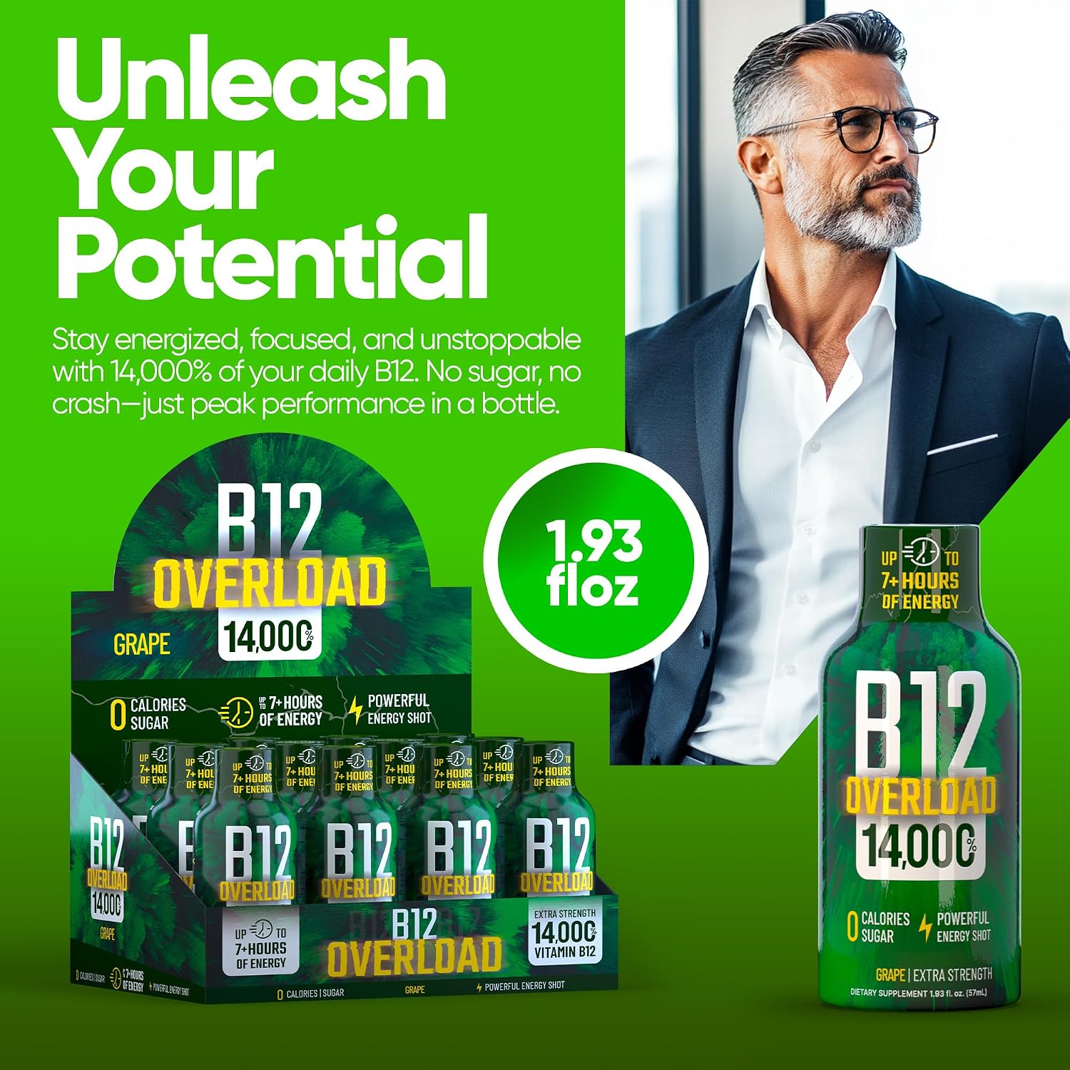 B12 Overload Extra Strength Energy Shot – Grape – 260mg Caffeine, 14000% B12, Electrolytes – Energy & Vitality Support – Zero Sugar No Calories – Vegan, Kosher, Gluten-Free – 1.93 fl oz, 24 -Pack