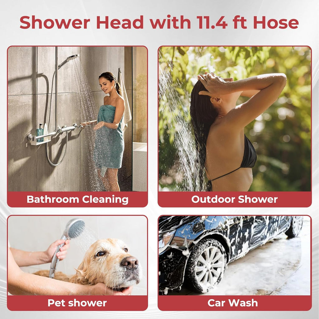 CAMPLUX Hand Held Showerhead with 11.48 FT Hose, 3-Setting Portable Spray Shower Head, High Pressure Shower Head with ON/Off Switch
