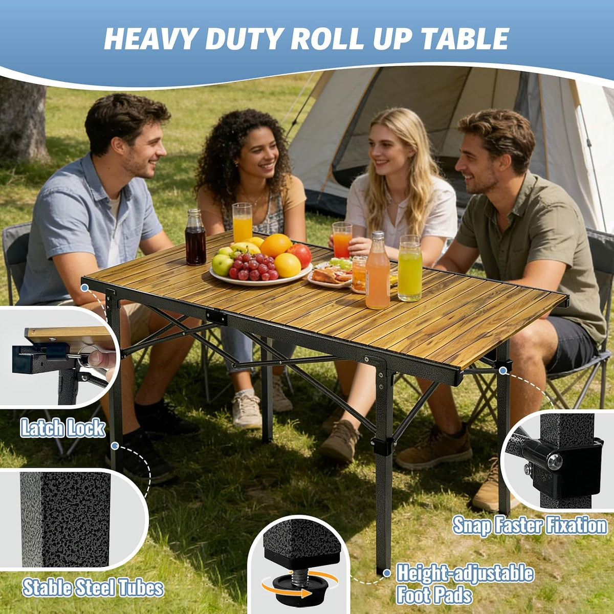 29.9" Tall Folding Camping Table for 2-6 Person, 54.7" Large Aluminum Foldable Roll-up Table Outdoor with Carry Bag for Picnic, Camp, Sturdy, Backyard, Patio