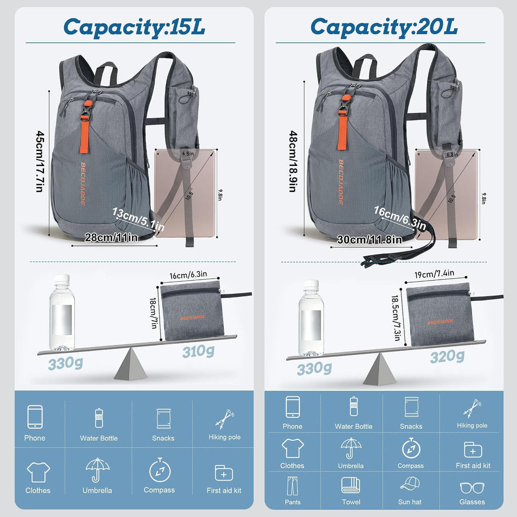 BECOJADDE 15L Small Hiking Backpack for Men Women Foldable Packable Back Pack Ultralight Hiking Daypack for Travel Camping Outdoor, Gray