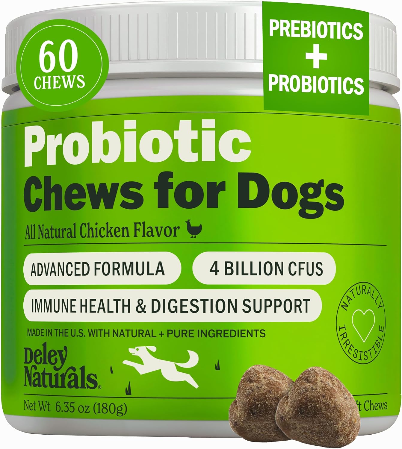 Deley Naturals Dog Probiotic Chews - 4 Billion CFU Probiotics for Dogs with Digestive Enzymes & Prebiotics - Grain Free Soft Chews for Gut Health & Digestive Support - 120 Chicken Chews Made in USA