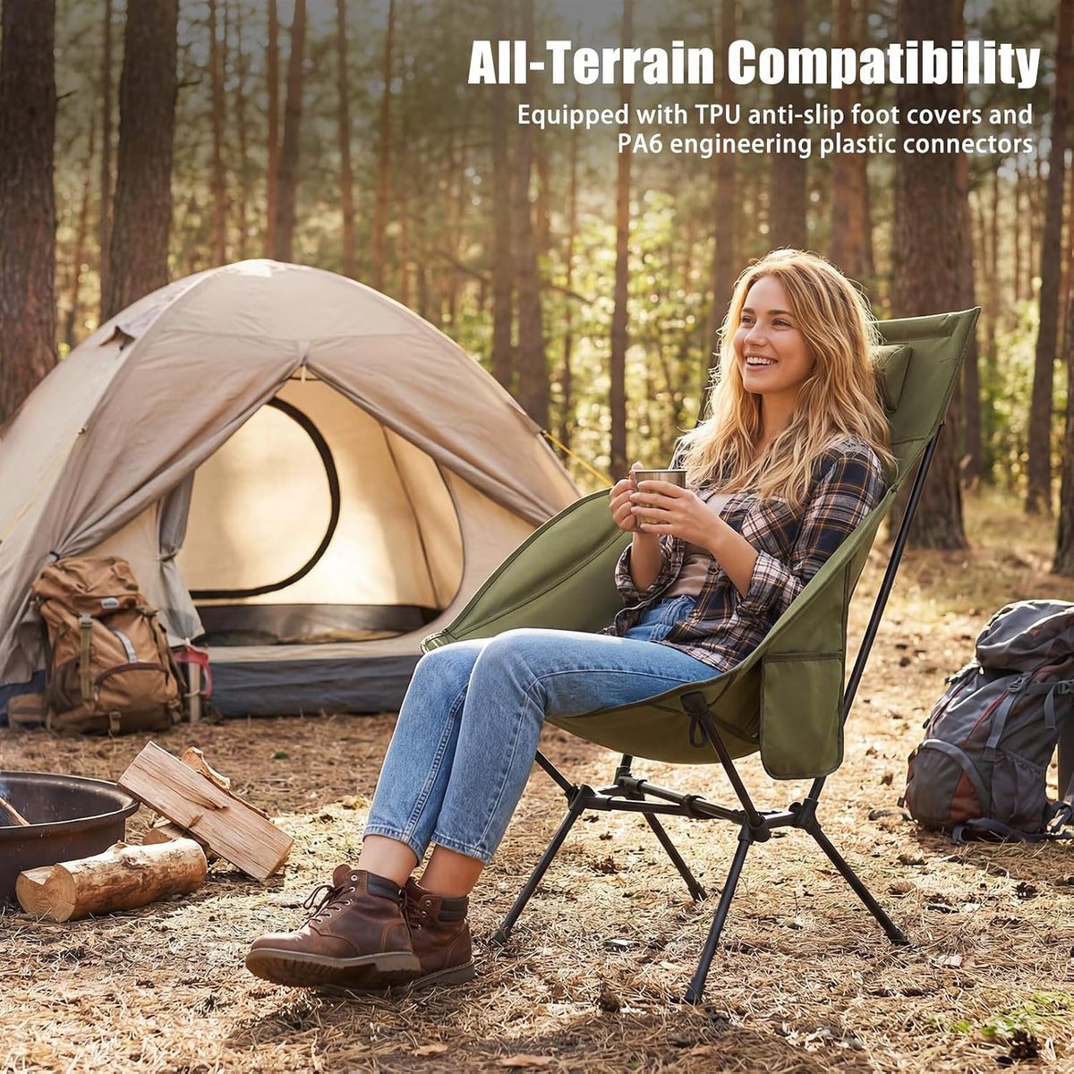 SUNNYFEEL Oversized High Back Padded Camping Chair, Portable Folding Outdoor Chair, Sturdy Camping Chair, Ultralight Compact Chair for Camping, Beach, Festival, Travel, Patio (Army Green)