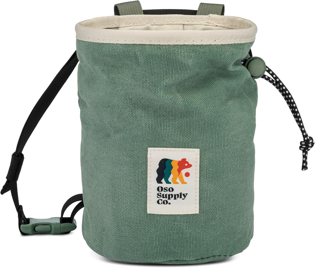 Oso Supply Co - Waxed Canvas Chalk Bag - Zipper Pocket & Mesh Pouch for Bouldering, Rock Climbing, Gym, Weightlifting – Water-Resistant, Adjustable Belt, Wide Opening