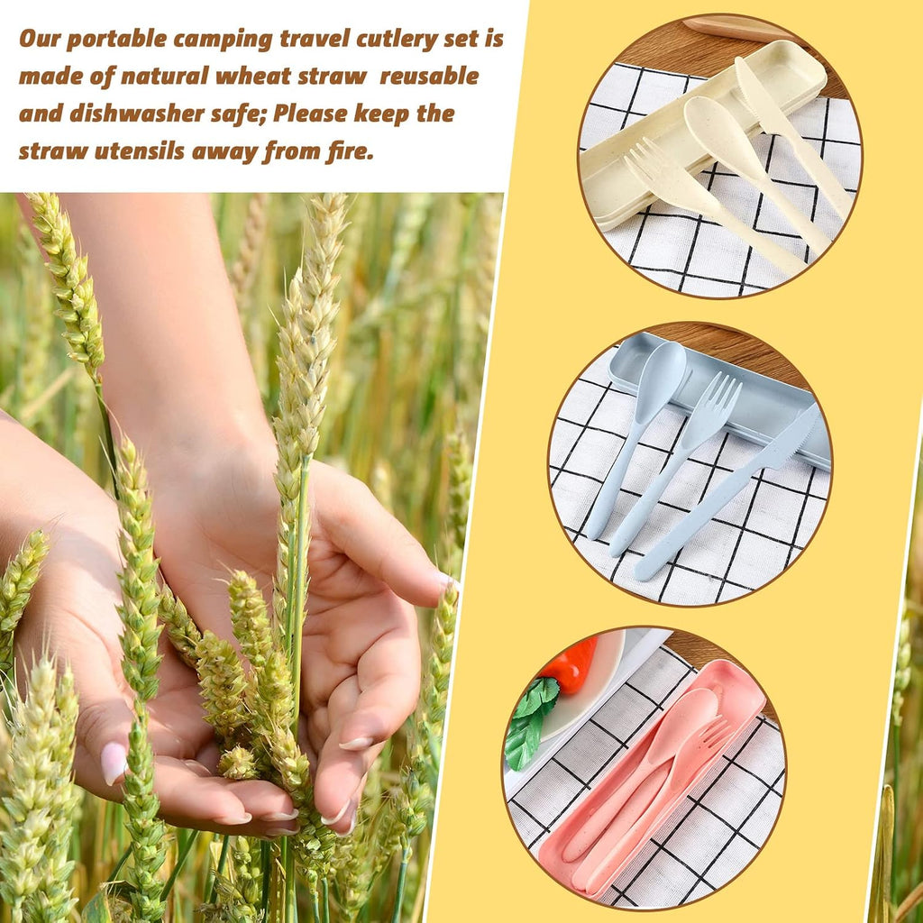 Jinei Reusable Travel Utensils Set Wheat Straw with Case,Bright