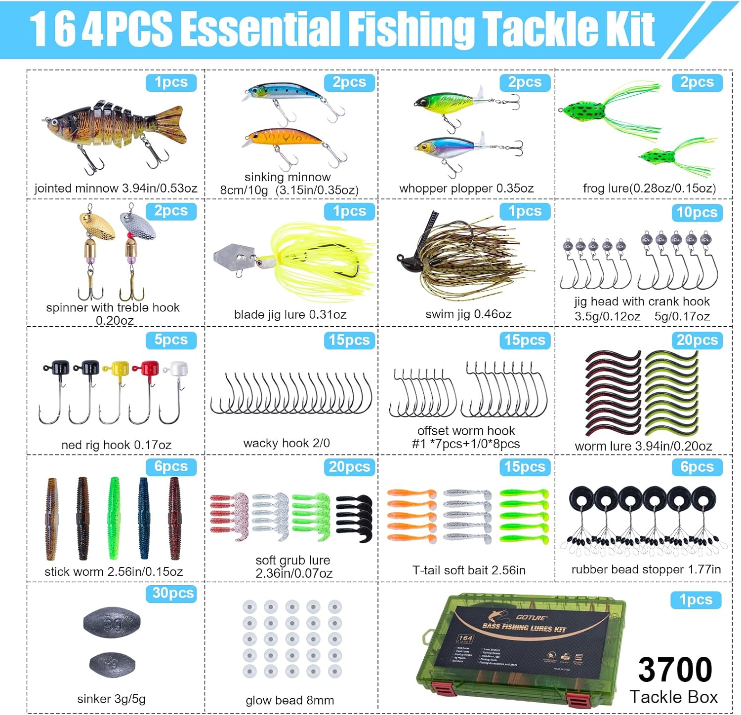 Goture Fishing Lures Kit,164pcs Bass Fishing Kit Including Soft Plastic Baits, Worms, Minnow, Crankbaits, Hooks,Swivels,Sinker Weights,3700 Tackle Box, Freshwater Fishing Gear Lure Set, Gifts of Men