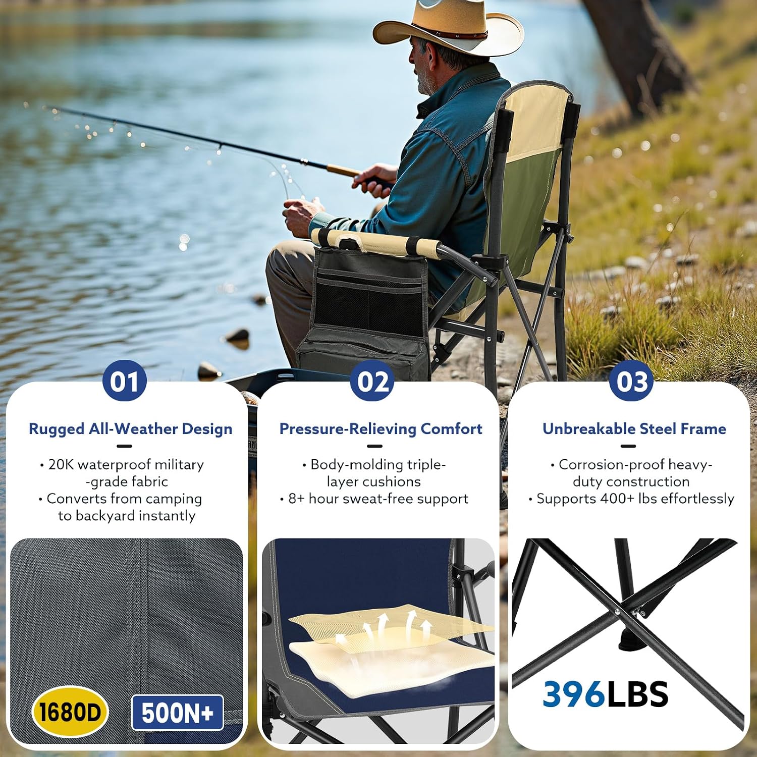 Oversized Camping Chair 400 lbs, Heavy Duty Folding Chair, Wide Seat
