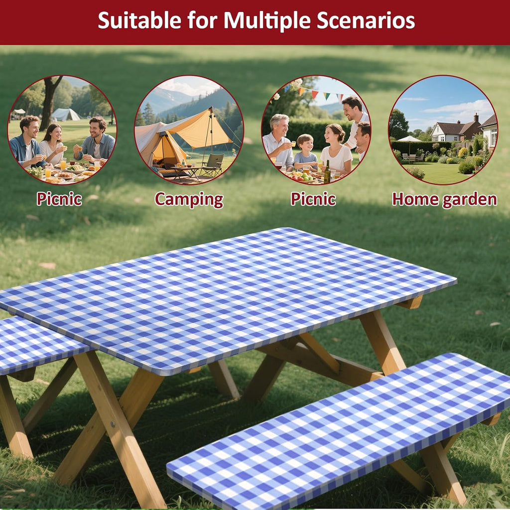 6ft 72in Picnic Table and Bench Cover, 3 Pack, Blue-White Checkered