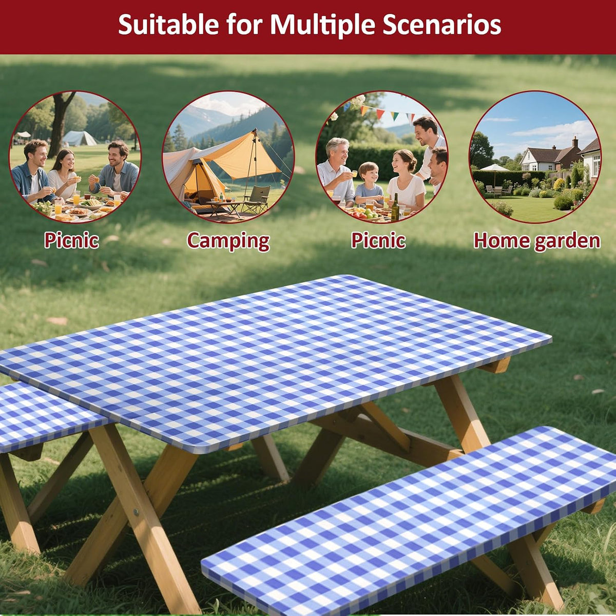 6ft 72in Picnic Table and Bench Cover, 3 Pack, Blue-White Checkered