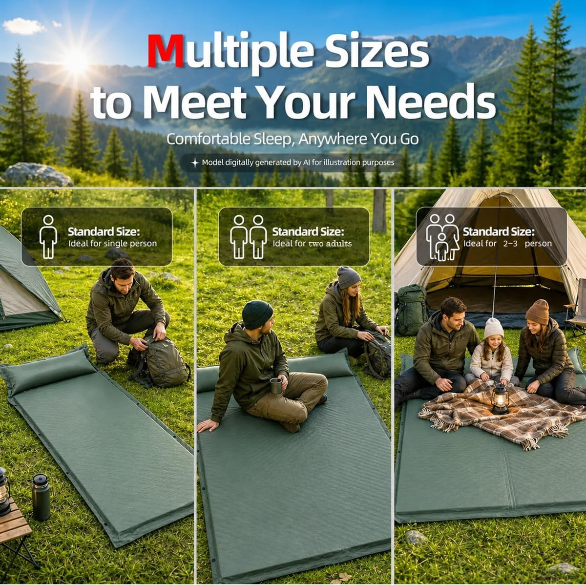 Abahub Self Inflating Sleeping Pad with Pillow, 2 Person, Green