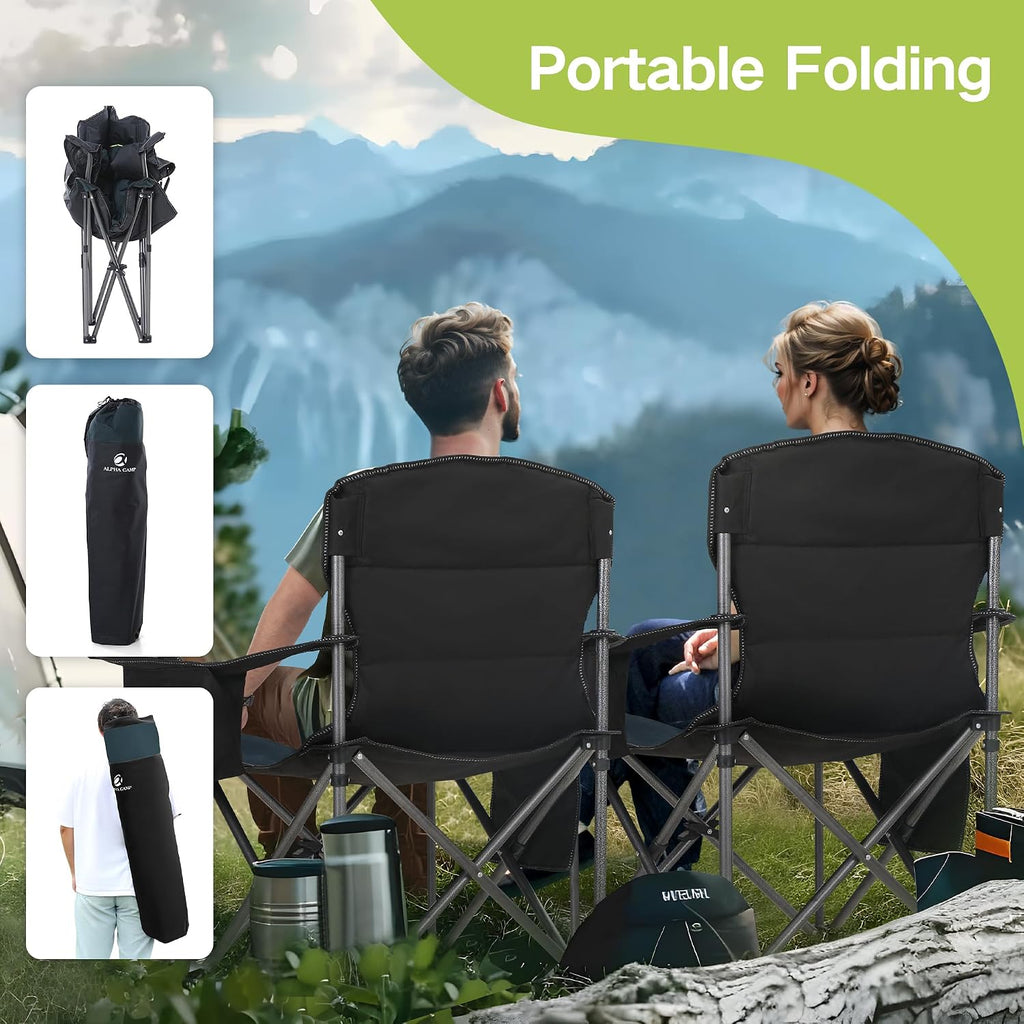 Folding Camping Chair Oversized 2 Pack Lawn Chair W/ Cooler Bag, Cup Holder