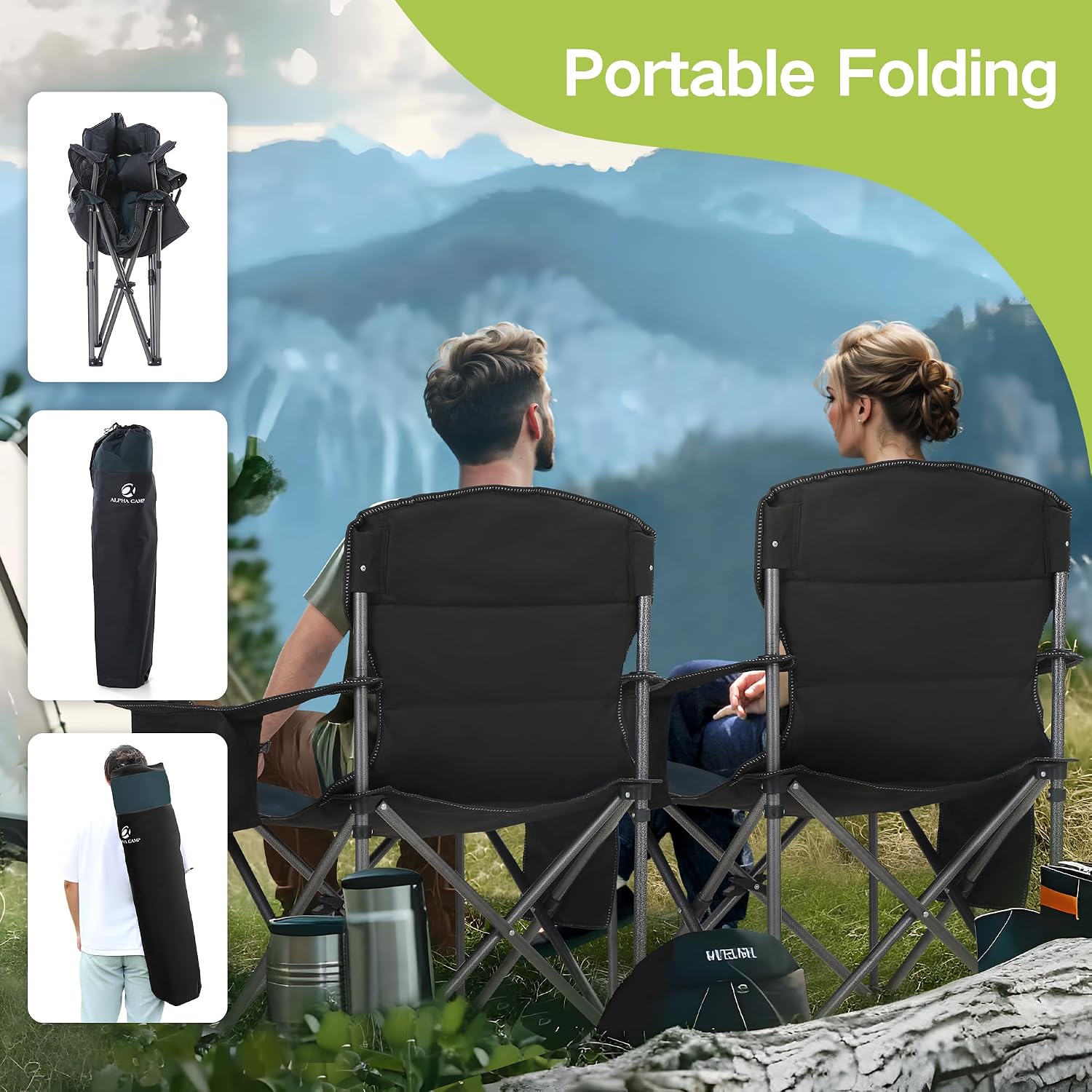 Folding Camping Chair Oversized 2 Pack Lawn Chair W/ Cooler Bag, Cup Holder