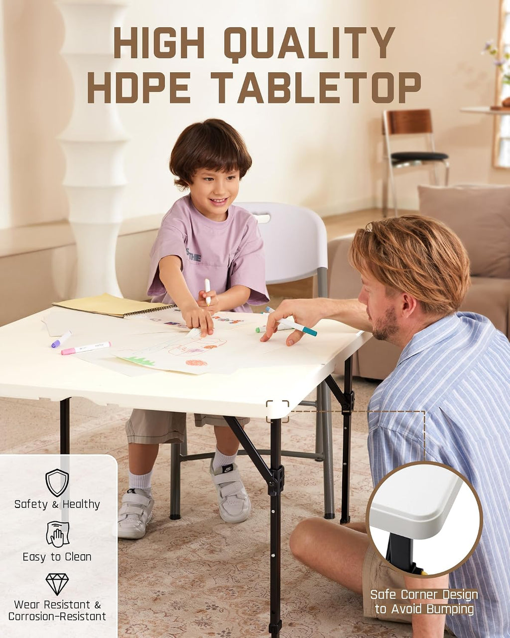 FanttikOutdoor Folding Card Table 2 Heights, 34" Square Plastic Party Table